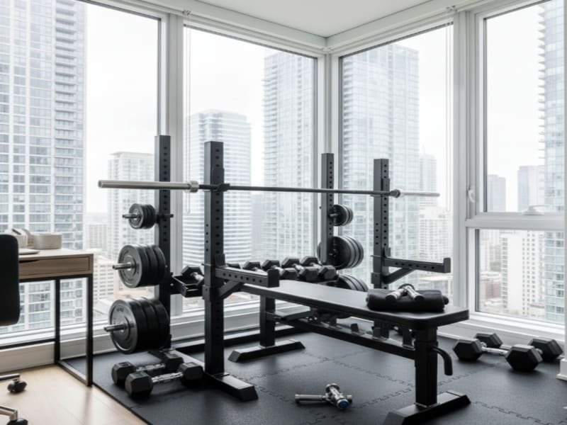 Резиновая плитка для защиты бетонного пола - пример установки в спортзале, демонстрирующий плотную резиновую плитку, предотвращающую повреждения от ударов